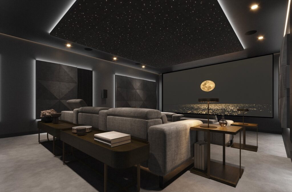 Home cinéma Artnovion ChromaX, plafond ciel étoilé et panneaux acoustiques à diffusion