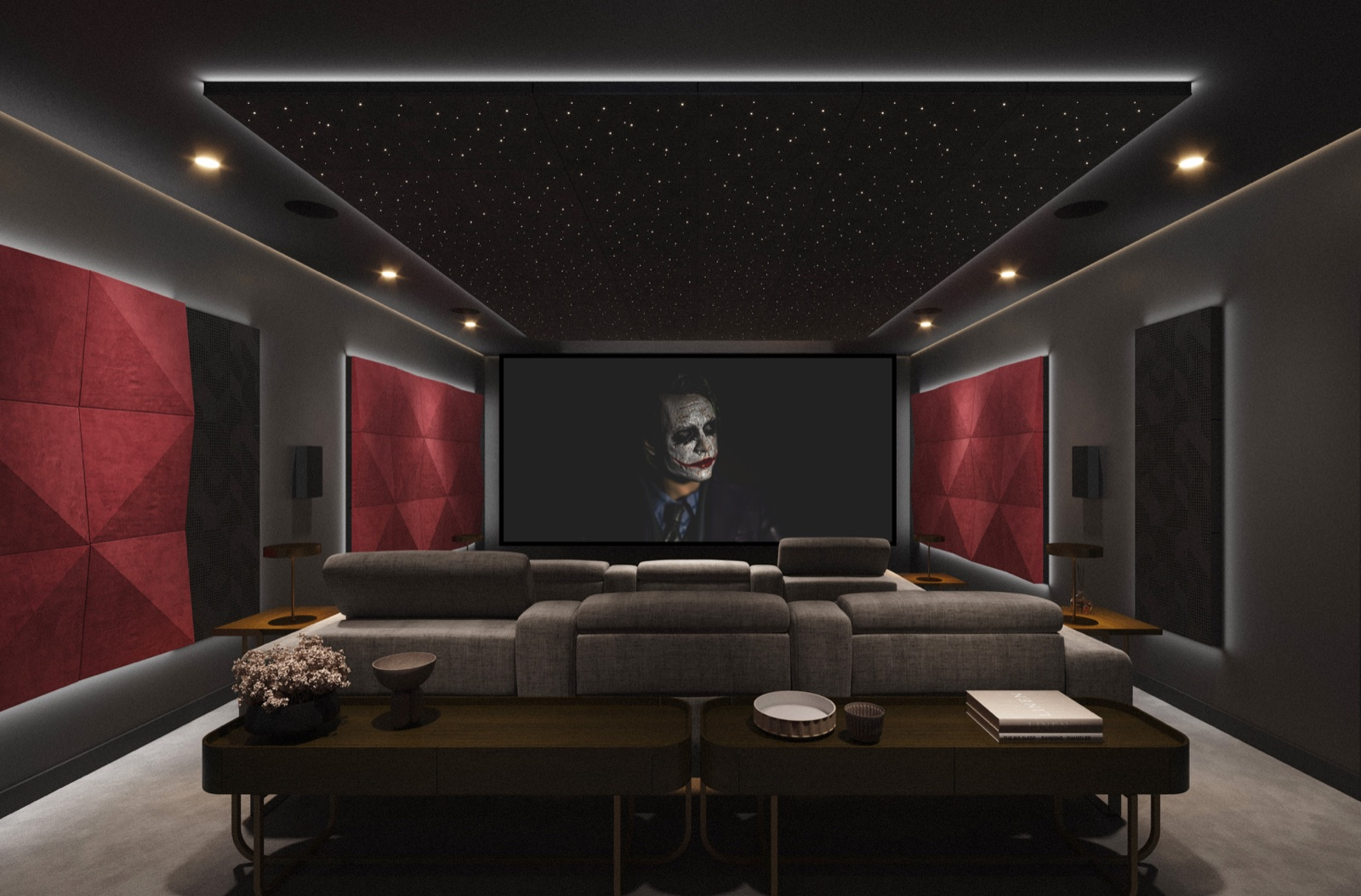Home cinéma Artnovion ChromaX, panneaux acoustiques rouges et bass traps cachés