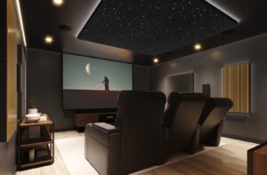 Home cinéma Artnovion Cinema Series, plafond ciel étoilé, lambris bois et fauteuils inclinables