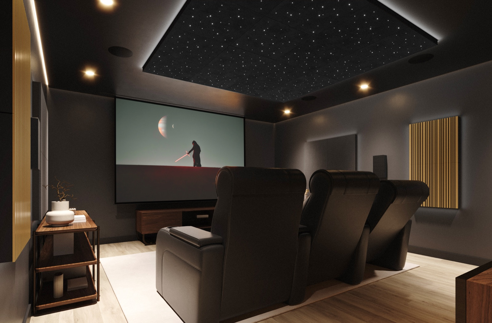 Home cinéma Artnovion Cinema Series, plafond ciel étoilé, lambris bois et fauteuils inclinables