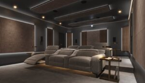 Salle home cinéma Artnovion Cinema Series, panneaux acoustiques et fauteuils inclinables